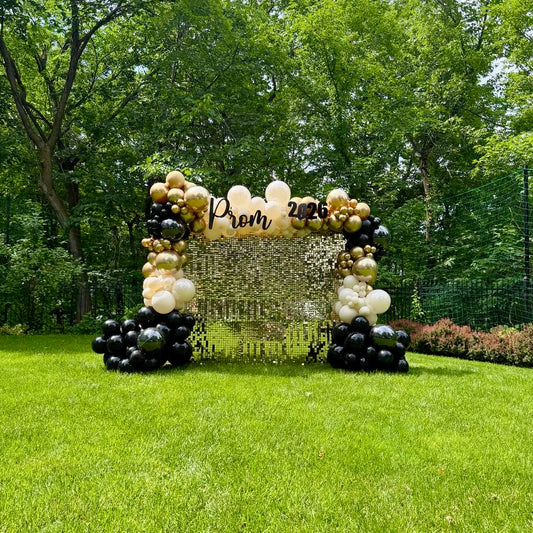 Gold Shimmer Wall & Organic Balloon Arch | Calgary Prom & Gala Decor