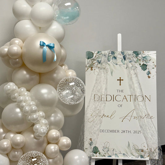 Custom Baptism Welcome Sign & Organic Balloon Garland | Calgary Event Decor