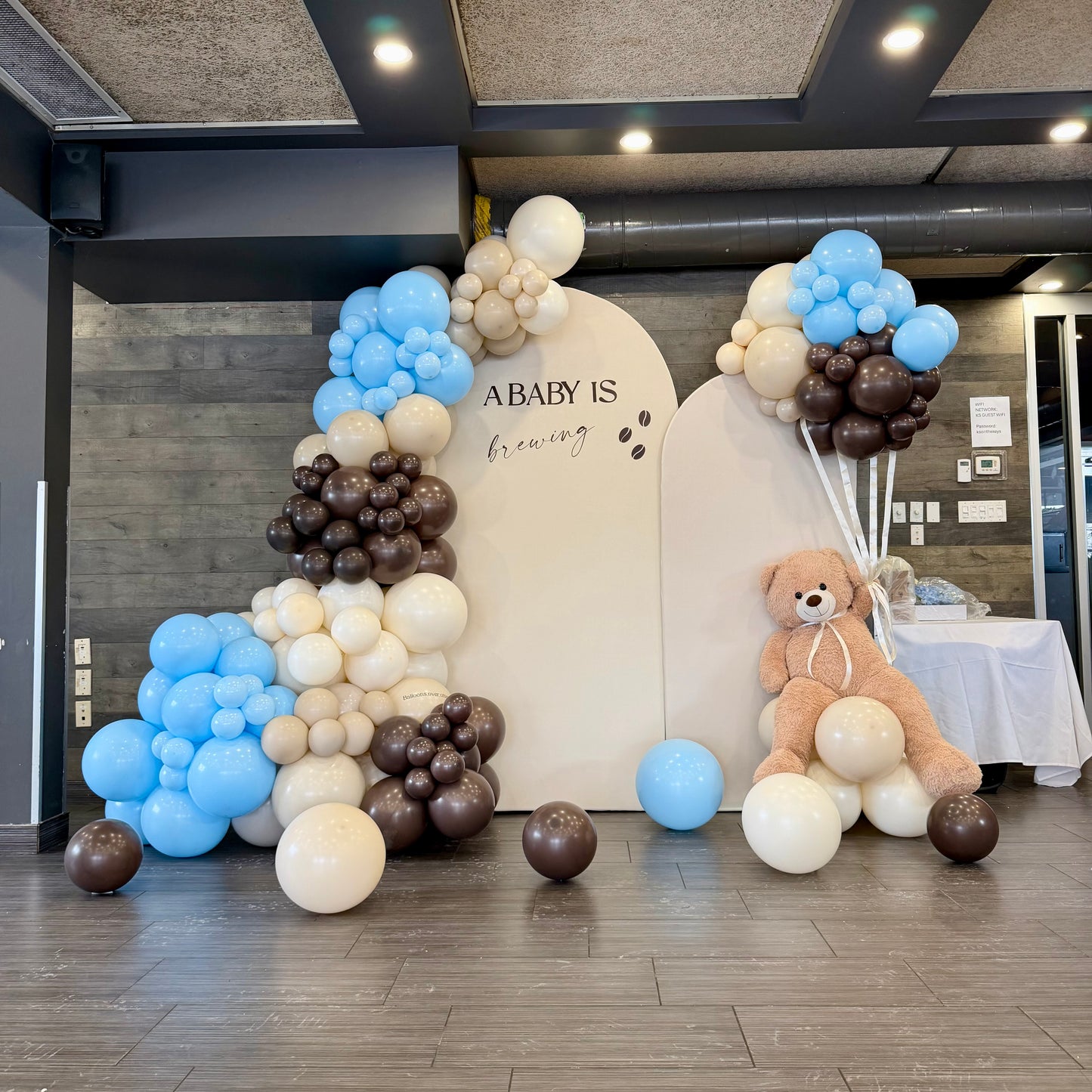 "A Baby is Brewing" Coffee-Themed Baby Shower Backdrop & Teddy Bear Photo Zone