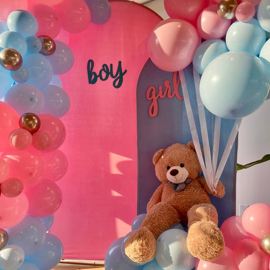 "Boy or Girl?" Teddy Bear Dual Arch Backdrop | Gender Reveal Photo Zone
