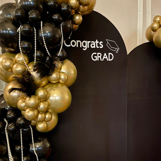 Gatsby Graduation Photo Zone | Double Black Backdrop & Chrome Gold Premium Balloons