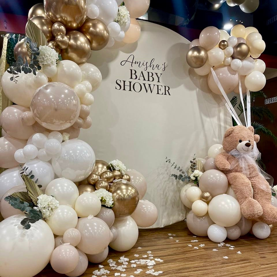 "Boho Teddy Bear" Baby Shower Round Backdrop & Balloon Garland