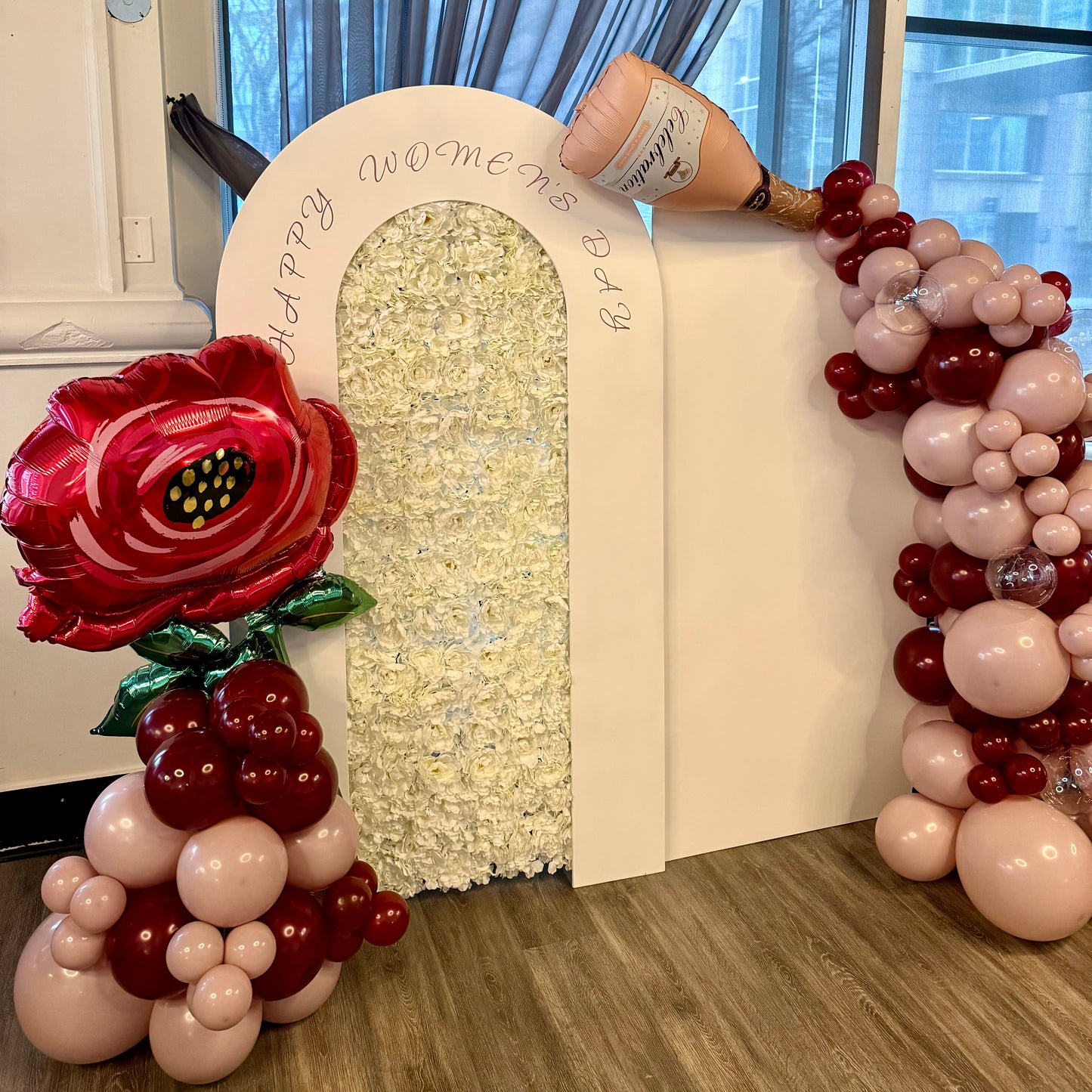 "Rosé Champagne Pour" U-Shape Floral Arch & Balloon Photo Zone