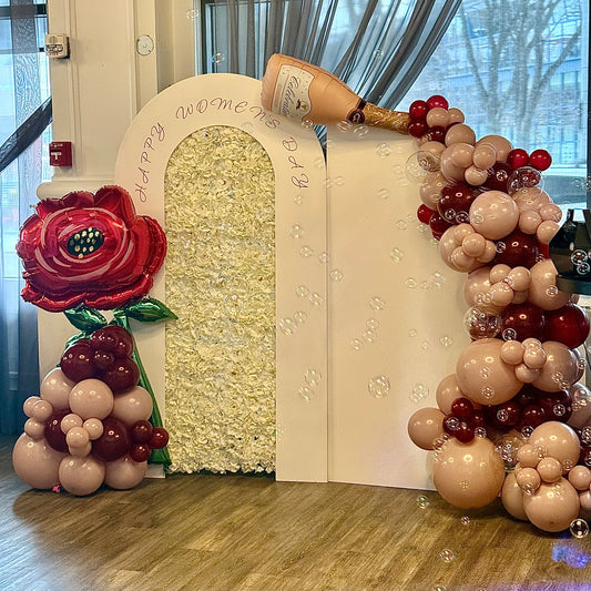 "Rosé Champagne Pour" U-Shape Floral Arch & Balloon Photo Zone