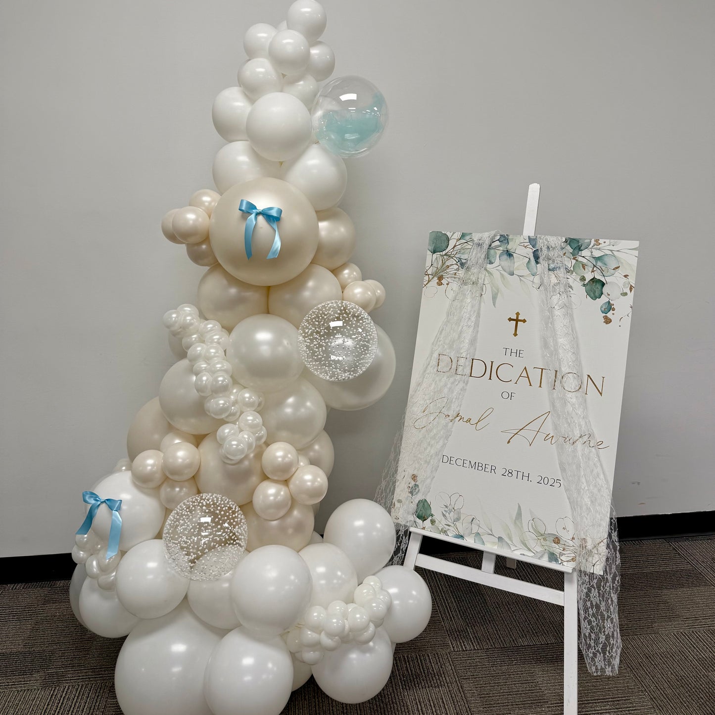 Custom Baptism Welcome Sign & Organic Balloon Garland | Calgary Event Decor