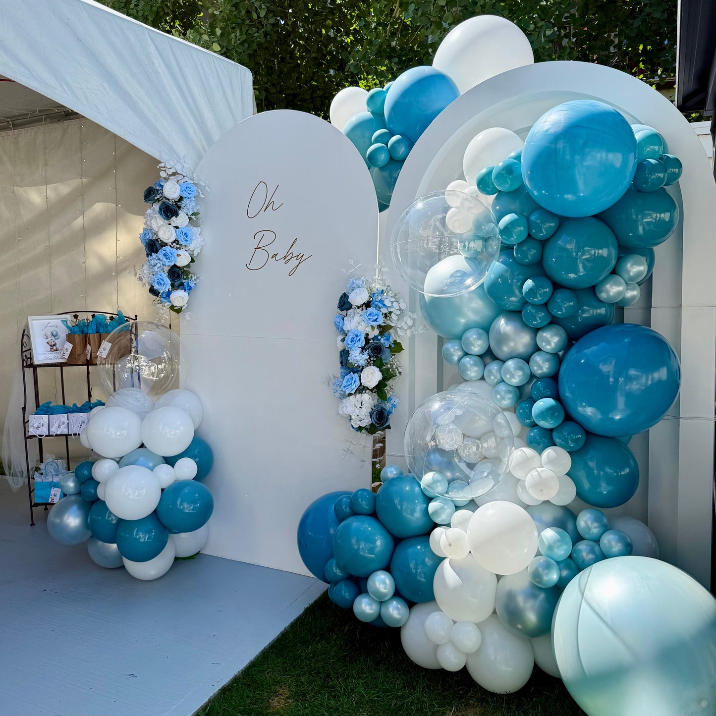"Ocean Blue Floral & Dual Wooden Arch Backdrop" | Premium Baby Boy Photo Zone