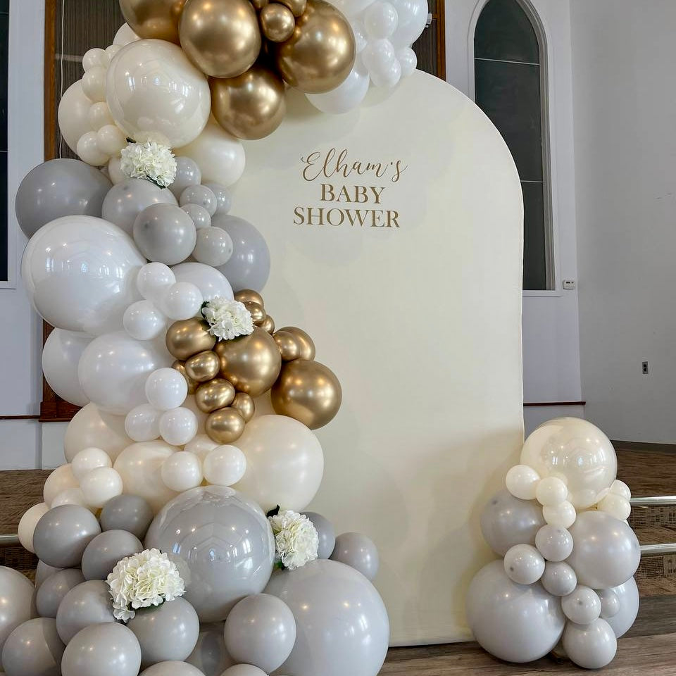 "Classic Elegance" Baby Shower Backdrop & Neutral Balloon Garland