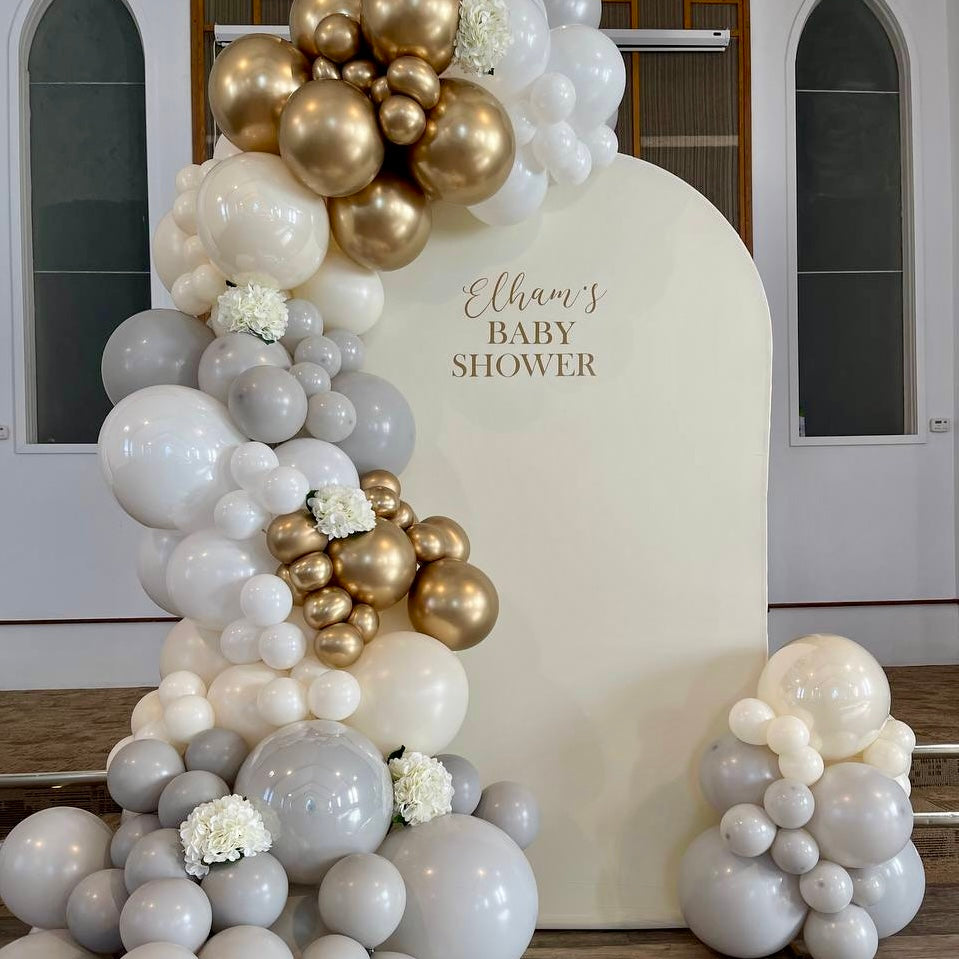 "Classic Elegance" Baby Shower Backdrop & Neutral Balloon Garland