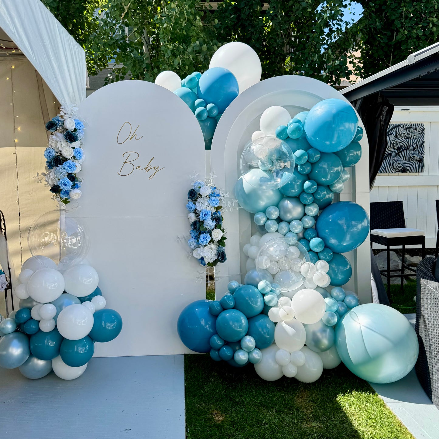 "Ocean Blue Floral & Dual Wooden Arch Backdrop" | Premium Baby Boy Photo Zone