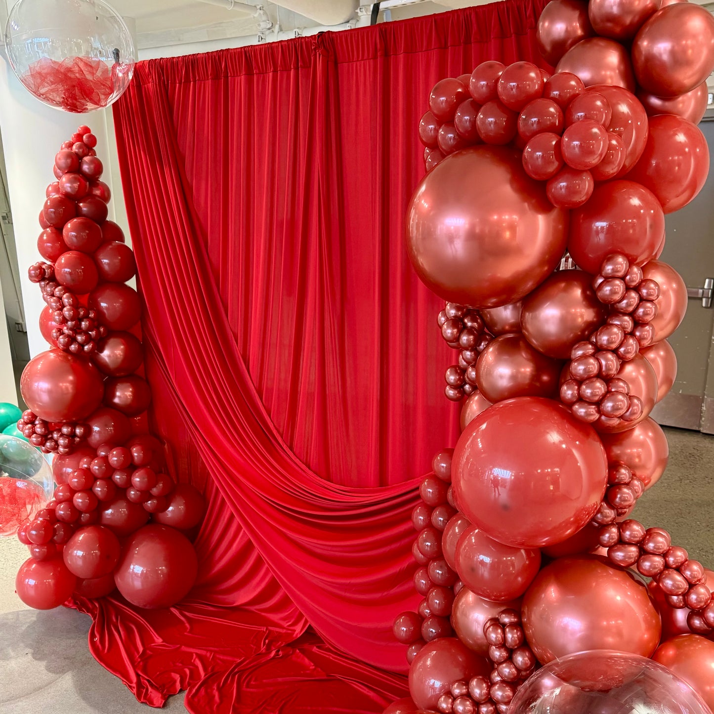Premium "Crimson Gala" Drape Backdrop & Monochromatic Balloon Photo Zone