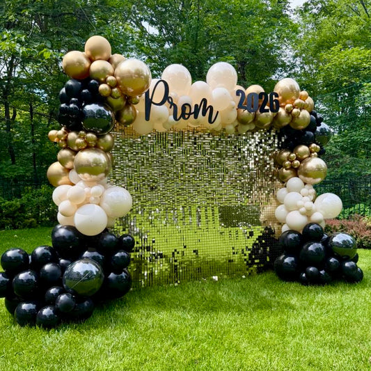 Gold Shimmer Wall & Organic Balloon Arch | Calgary Prom & Gala Decor
