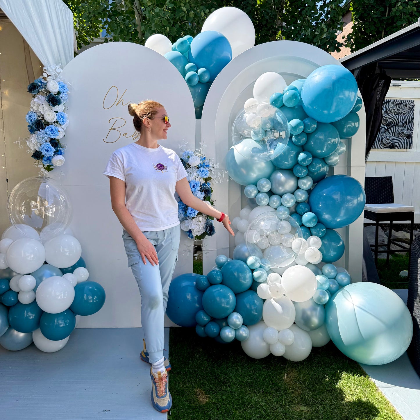 "Ocean Blue Floral & Dual Wooden Arch Backdrop" | Premium Baby Boy Photo Zone
