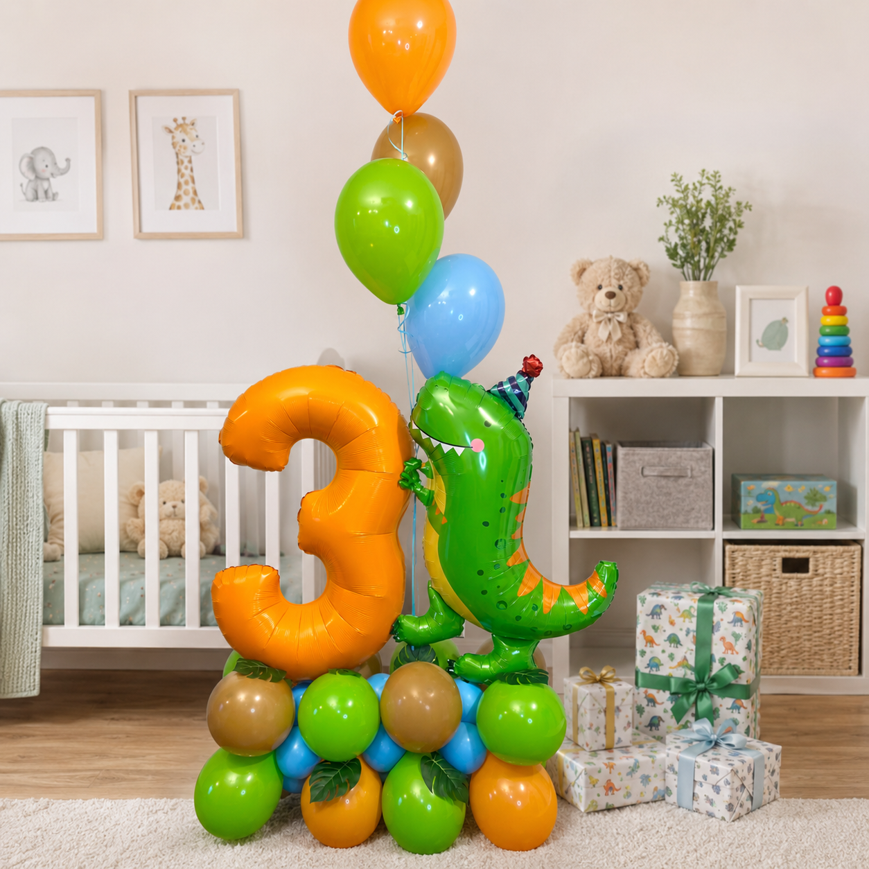 Colorful balloon arrangement with number 3 and dinosaur balloon in a child's room.