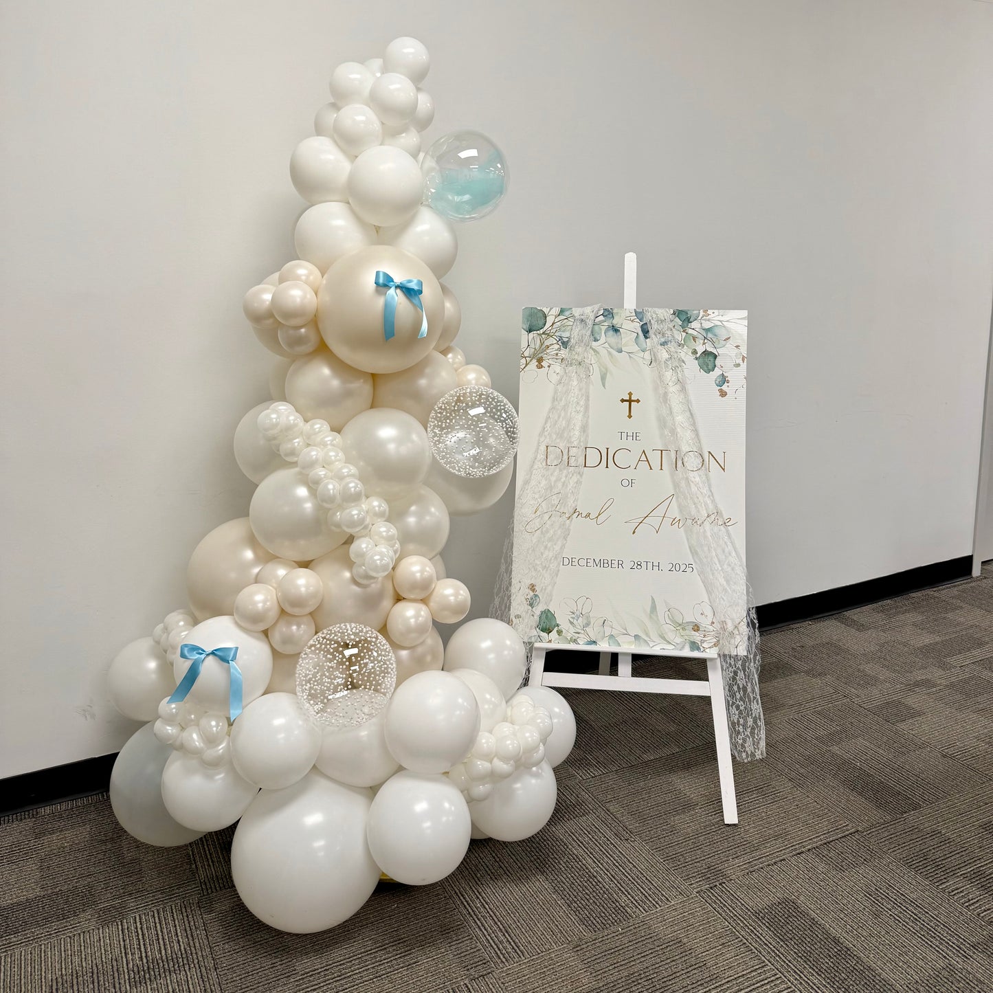 Custom Baptism Welcome Sign & Organic Balloon Garland | Calgary Event Decor