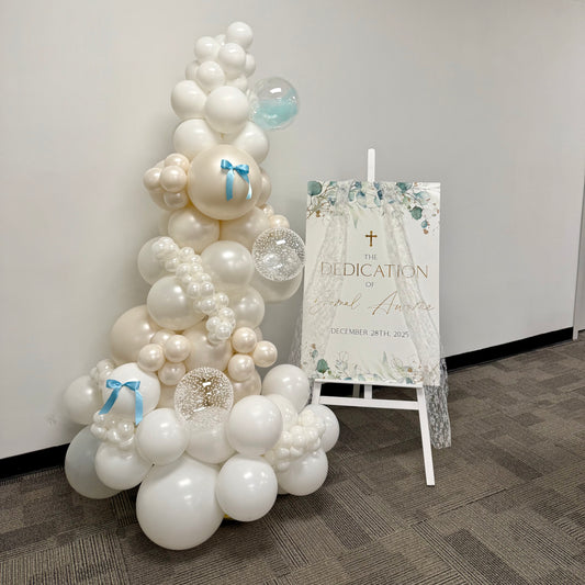 Custom Baptism Welcome Sign & Organic Balloon Garland | Calgary Event Decor