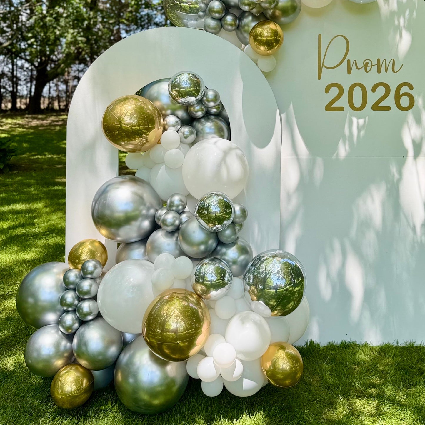 Double Wooden Arch Backdrop & Metallic Balloon Cascade | Calgary Prom & Event Decor