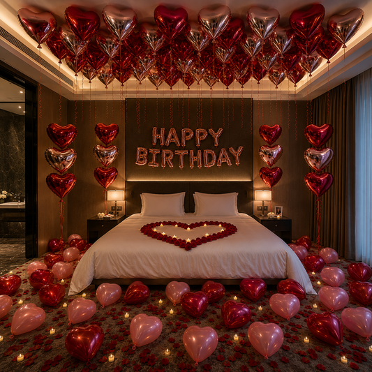 Decorated bedroom with red and pink heart-shaped balloons, petals, candles, and 'Happy Birthday' sign.