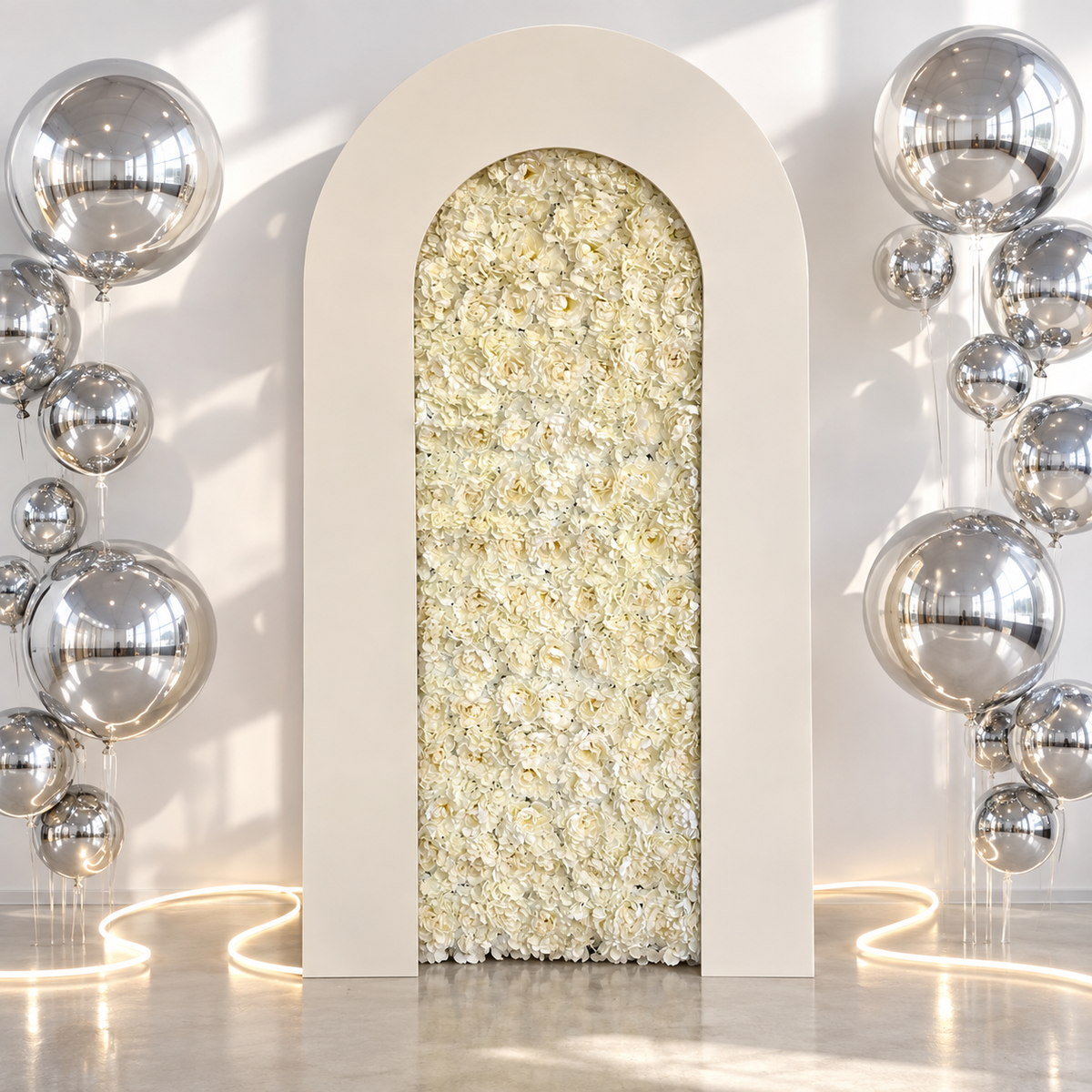 Ivory peony floral wall with modern wooden U shape arch rental Calgary luxury wedding backdrop YYC