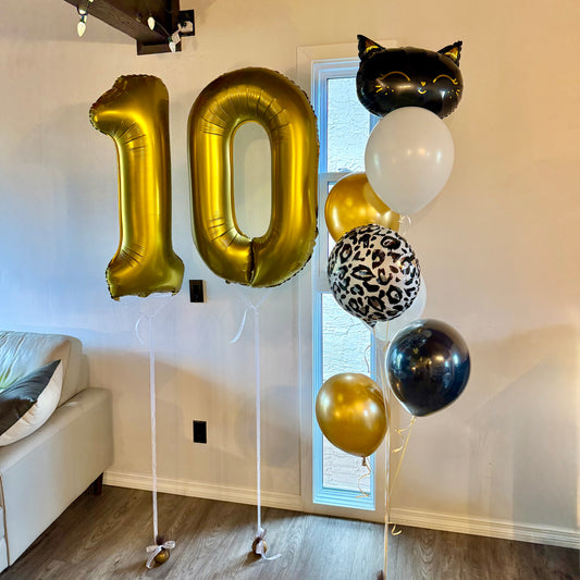 "Glam Black Cat" Birthday Helium Balloon Bouquet & Matte Gold Numbers