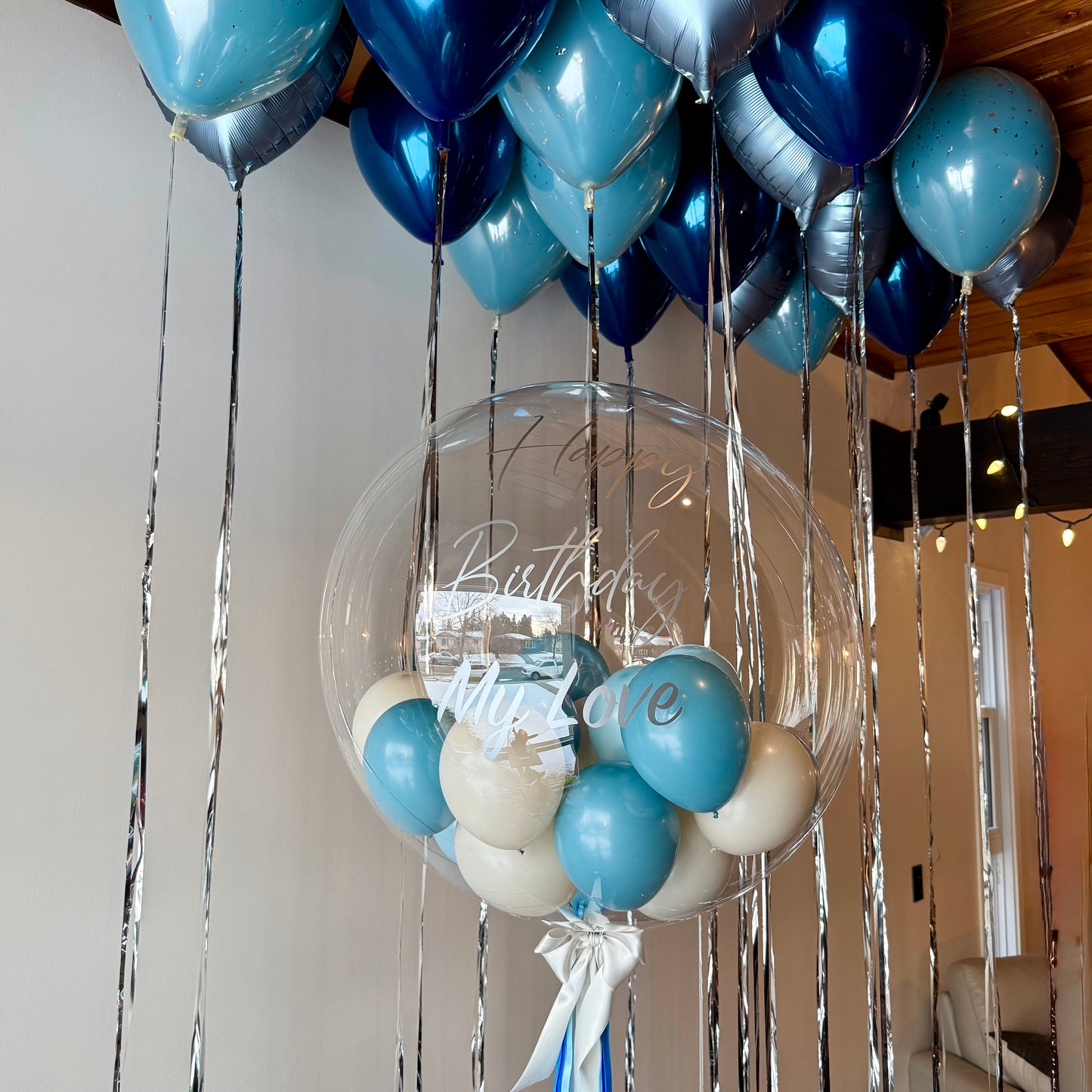 "Midnight Glass & Silver" Custom Helium Ceiling Set with Jumbo Bobo