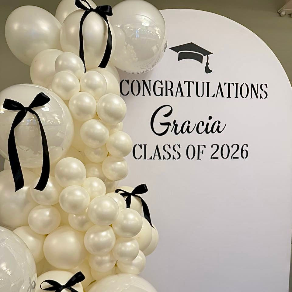 Monochrome Ribbon Arch & Organic Backdrop | Calgary Graduation Decor