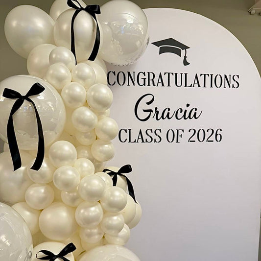 Monochrome Ribbon Arch & Organic Backdrop | Calgary Graduation Decor