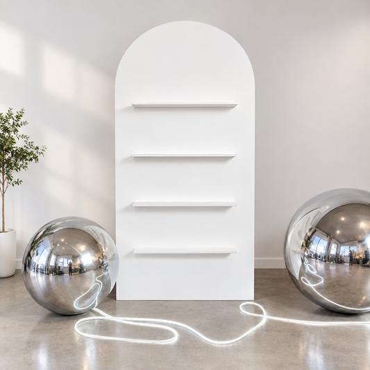 White arched display wall with shelves rent Calgary champagne wall treat display event prop hire YYC