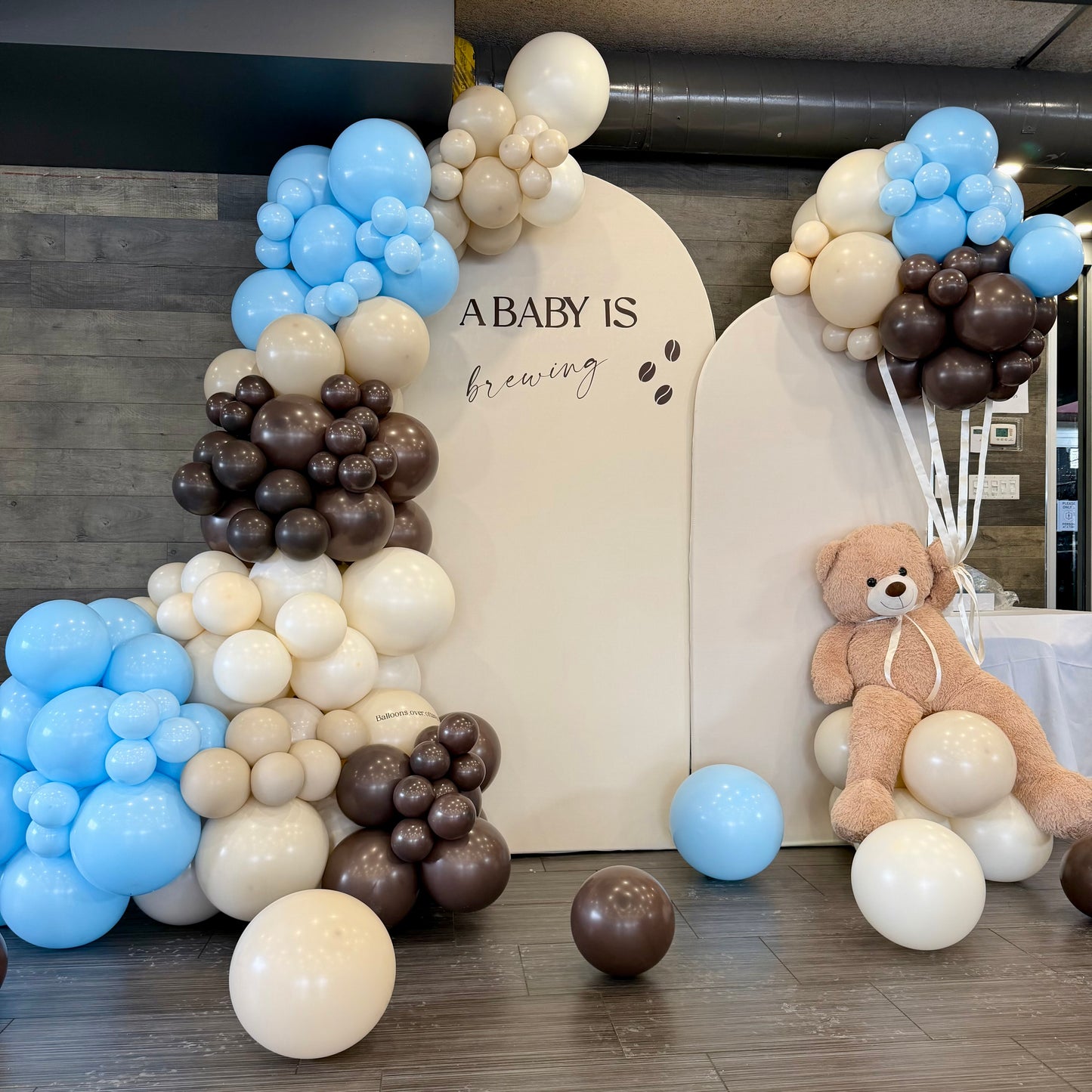 "A Baby is Brewing" Coffee-Themed Baby Shower Backdrop & Teddy Bear Photo Zone