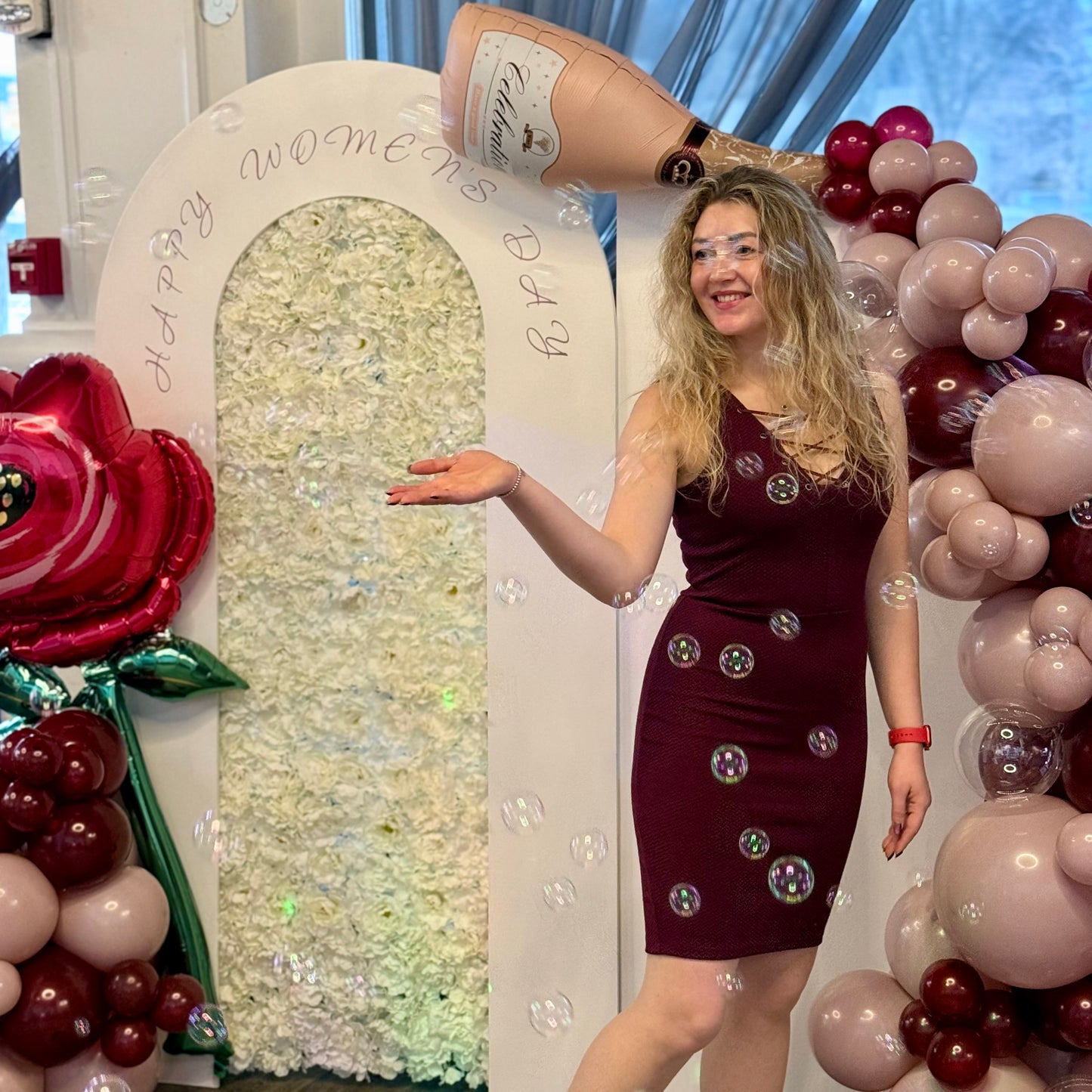 "Rosé Champagne Pour" U-Shape Floral Arch & Balloon Photo Zone