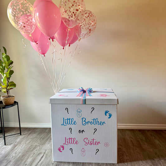 "Sibling Surprise" Gender Reveal Balloon Box | Confetti & Helium Setup