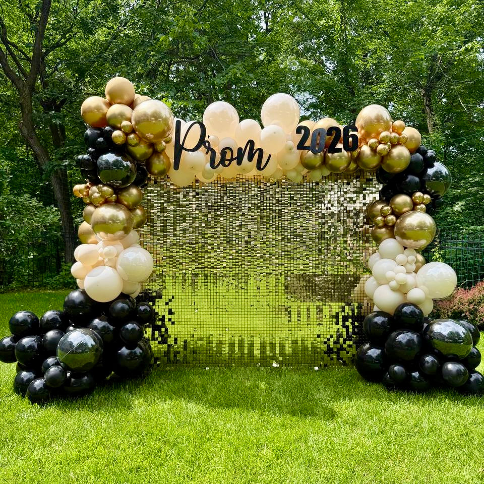 Gold Shimmer Wall & Organic Balloon Arch | Calgary Prom & Gala Decor