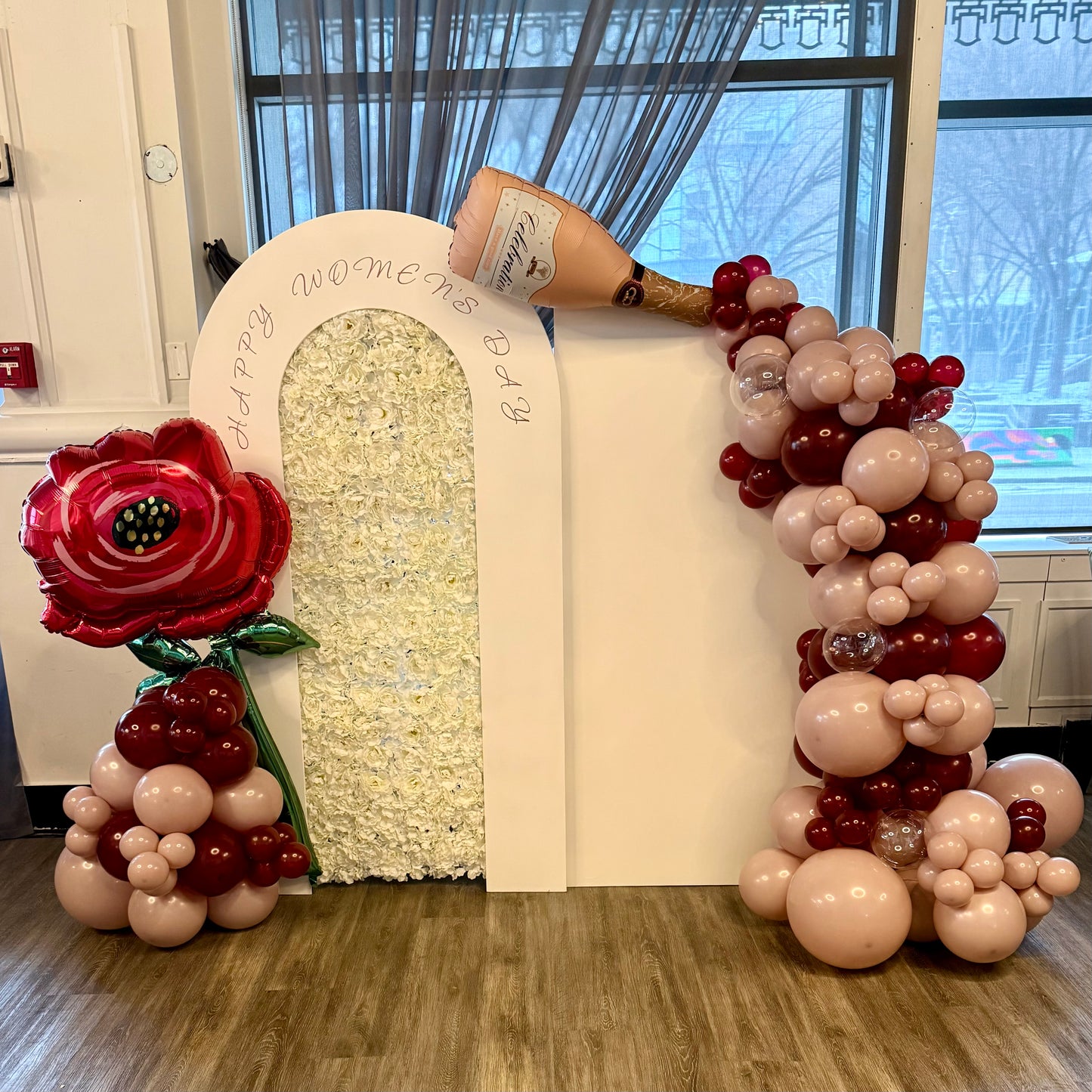 "Rosé Champagne Pour" U-Shape Floral Arch & Balloon Photo Zone