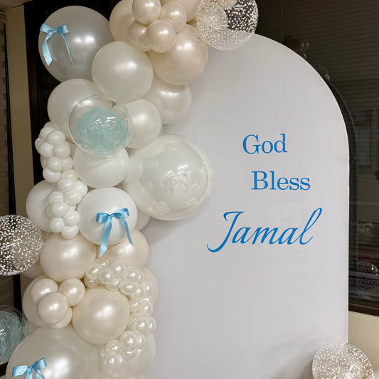Ethereal Pearl Arch & Balloon Backdrop | Calgary Baptism & Christening Decor