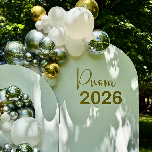Double Wooden Arch Backdrop & Metallic Balloon Cascade | Calgary Prom & Event Decor