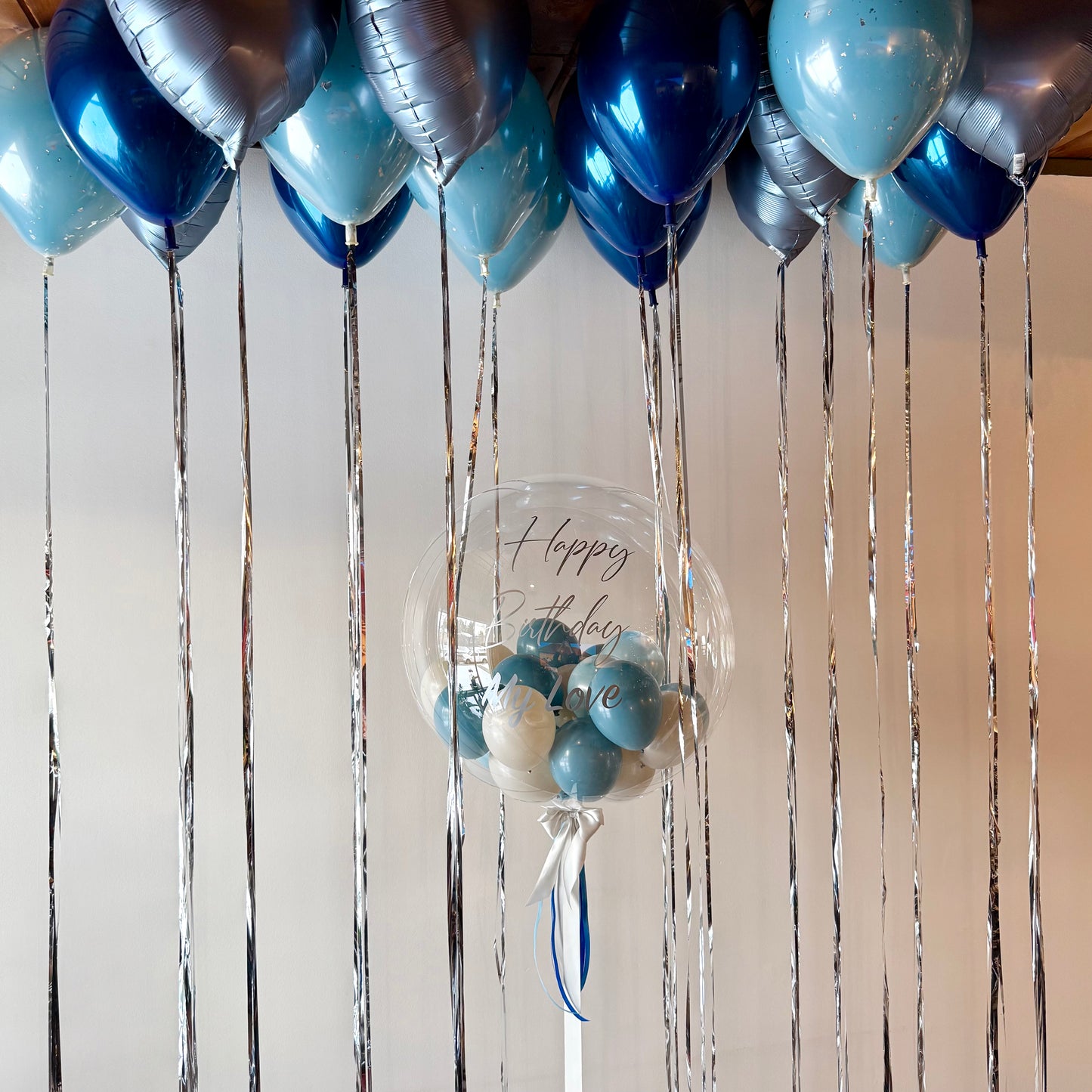 "Midnight Glass & Silver" Custom Helium Ceiling Set with Jumbo Bobo