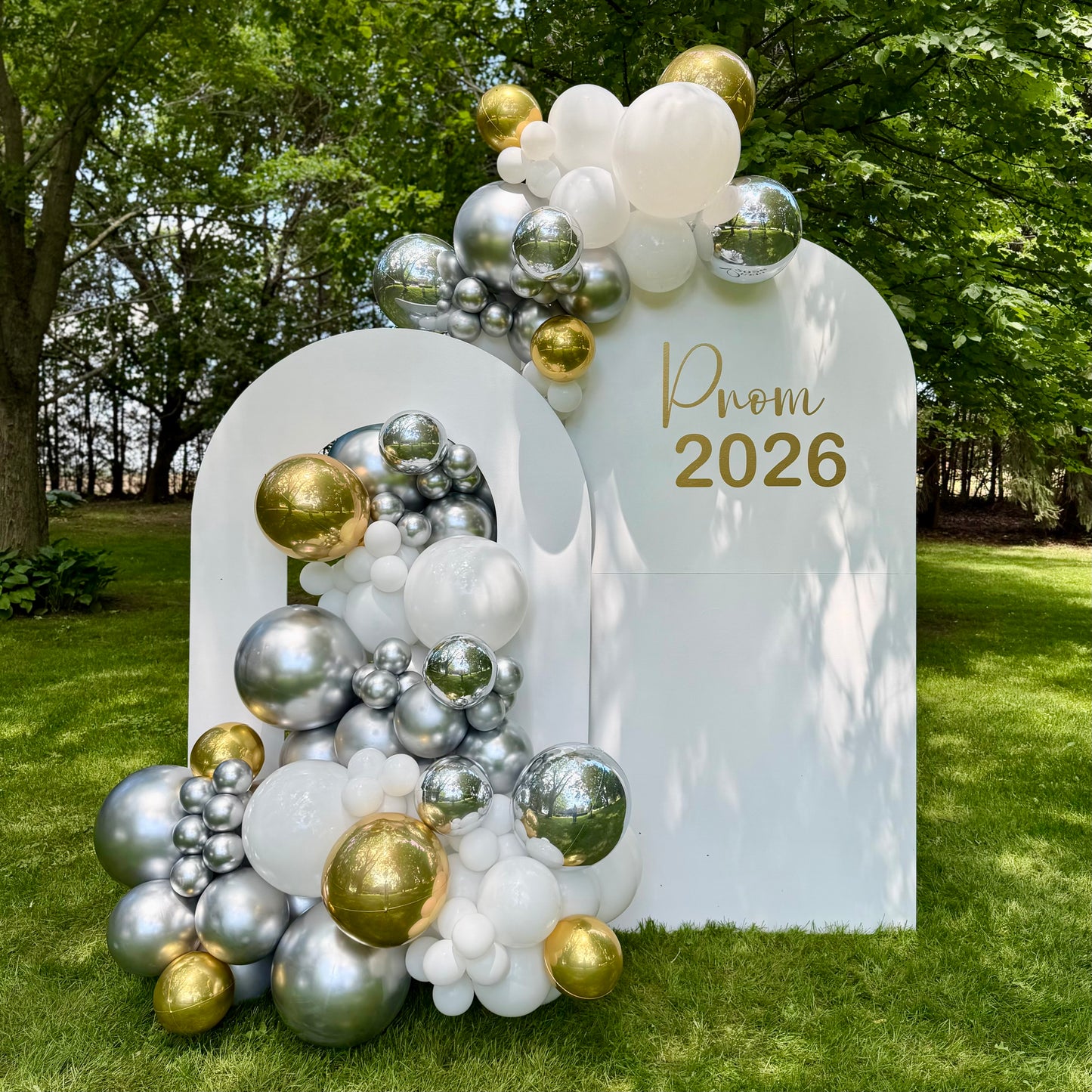 Double Wooden Arch Backdrop & Metallic Balloon Cascade | Calgary Prom & Event Decor