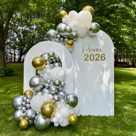 Double Wooden Arch Backdrop & Metallic Balloon Cascade | Calgary Prom & Event Decor