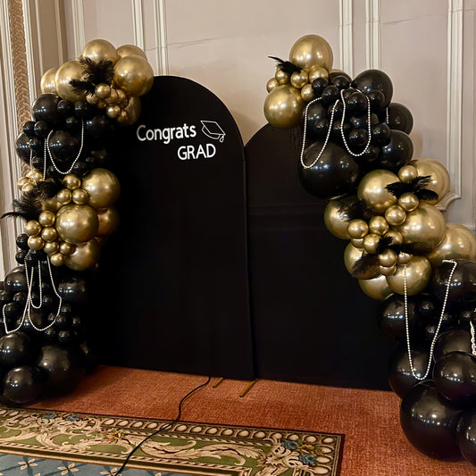 Gatsby Graduation Photo Zone | Double Black Backdrop & Chrome Gold Premium Balloons