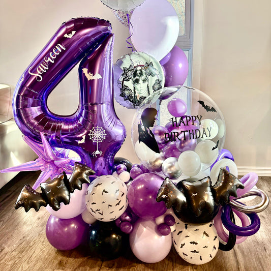 Gothic purple and black custom birthday balloon stack with flying foil bats decor Calgary