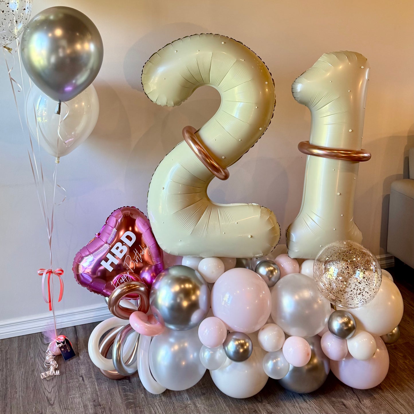 Jumbo satin 21 foil balloons with rose gold accents and custom HBD heart foil Calgary birthday