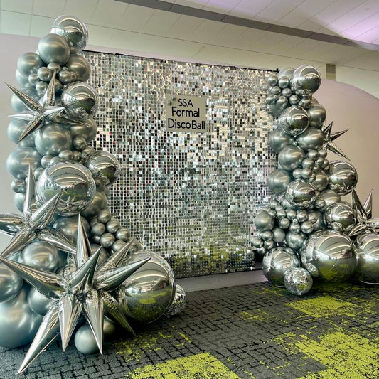 Silver Shimmer & Disco Wall | Chrome Balloon Backdrop | Calgary Event Decor