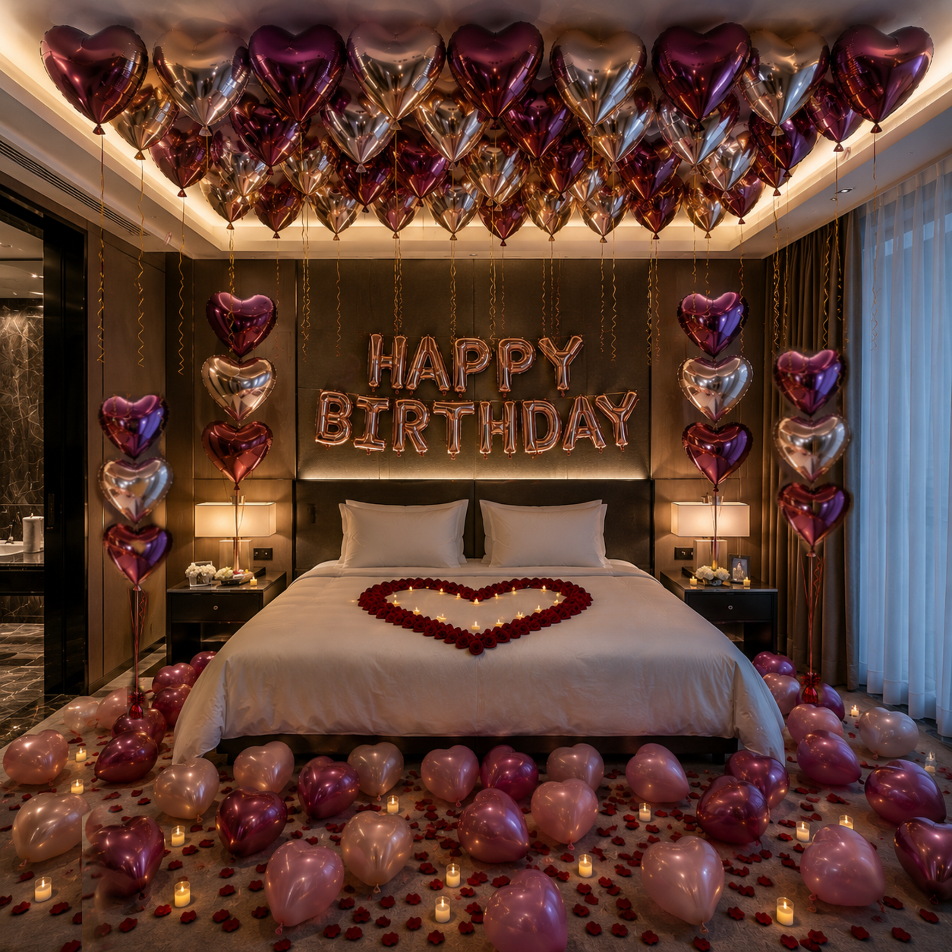 Decorated bedroom with helium hot pink and light pink heart-shaped balloons, candles, and 'Happy Birthday' sign.