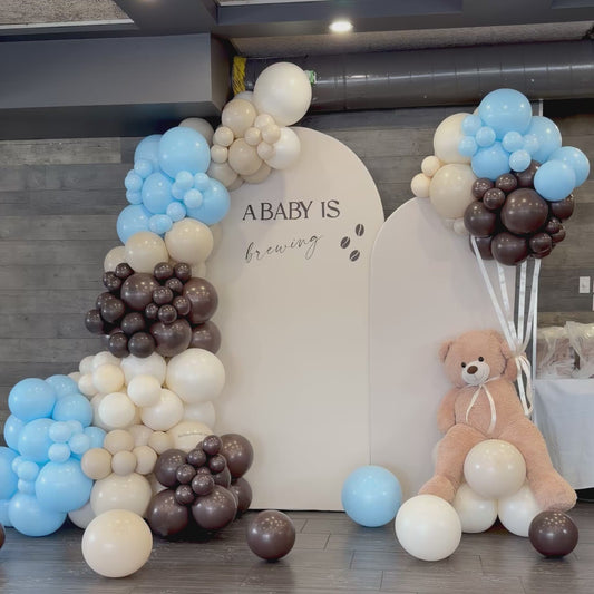 "A Baby is Brewing" Coffee-Themed Baby Shower Backdrop & Teddy Bear Photo Zone